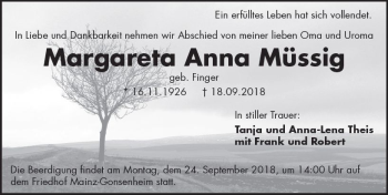 Traueranzeige von Margareta Anna Müssig von vrm-trauer