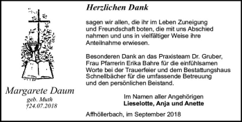 Traueranzeige von Margarete Daum von vrm-trauer