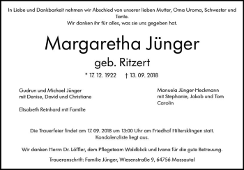 Traueranzeige von Margaretha Jünger von vrm-trauer