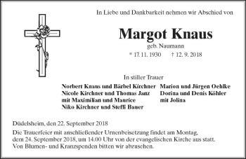 Traueranzeige von Margot Knaus von  Kreisanzeiger