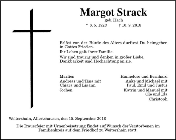 Traueranzeige von Margot Strack von  Gießener Anzeiger