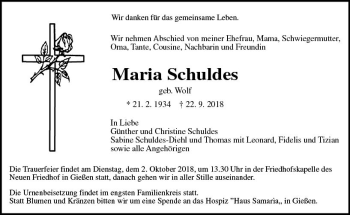 Traueranzeige von Maria Schuldes von  Gießener Anzeiger