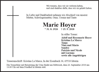 Traueranzeige von Marie Hoyer von vrm-trauer