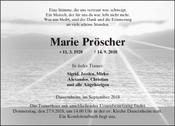 Traueranzeige von Marie Pröscher von  Kreisanzeiger