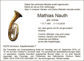 Traueranzeige von Mathias Nauth von vrm-trauer