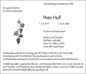 Traueranzeige von Peter Huff von vrm-trauer