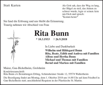 Traueranzeige von Rita Bunn von vrm-trauer