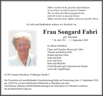 Traueranzeige von Songard Fabri von  Usinger Anzeiger