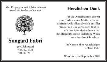 Traueranzeige von Songard Fabri von  Usinger Anzeiger
