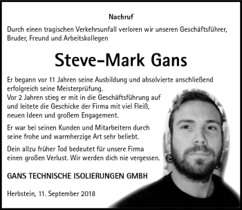 Traueranzeige von Steve-Mark Gans von VRM Trauer