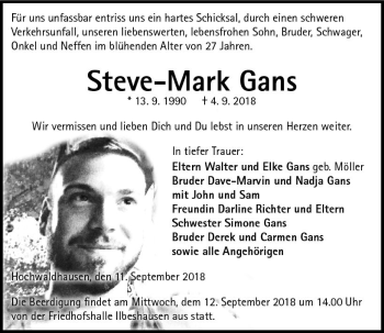 Traueranzeige von Steve-Mark Gans von VRM Trauer