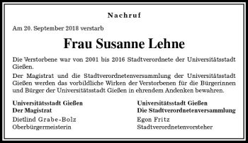 Traueranzeige von Susanne Lehne von  Gießener Anzeiger