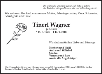 Traueranzeige von Tinerl Wagner von vrm-trauer