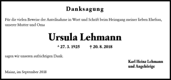 Traueranzeige von Ursula Lehmann von vrm-trauer