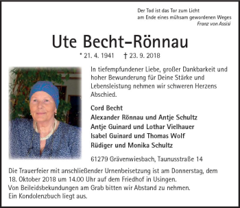 Traueranzeige von Ute Becht-Rönnau von  Usinger Anzeiger