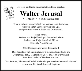 Traueranzeige von Walter Jerusal von  Usinger Anzeiger