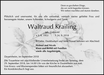 Traueranzeige von Waltraud Krailing von  Kreisanzeiger