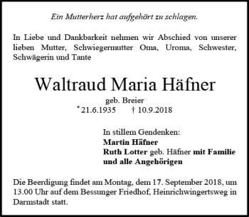 Traueranzeige von Waltraud Maria Häfner von vrm-trauer