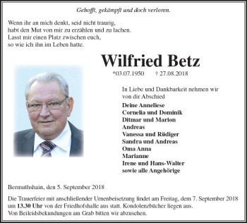 Traueranzeige von Wilfried Betz von VRM Trauer