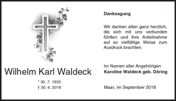 Traueranzeige von Wilhelm Karl Waldeck von VRM Trauer