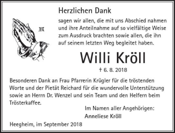 Traueranzeige von Willi Kröll von  Kreisanzeiger
