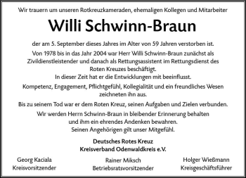 Traueranzeige von Willi Schwinn-Braun von vrm-trauer