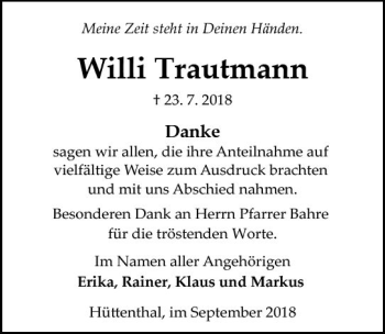 Traueranzeige von Willi Trautmann von vrm-trauer