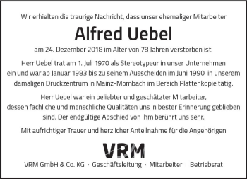 Traueranzeige von Alfred Uebel von vrm-trauer