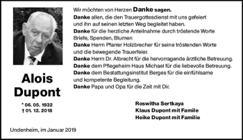 Traueranzeige von Alois Dupont von vrm-trauer