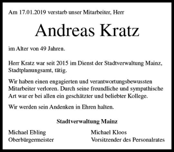 Traueranzeige von Andreas Kratz von vrm-trauer