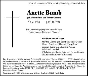 Traueranzeige von Anette Bumb von vrm-trauer
