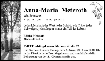 Traueranzeige von Anna-Maria Metzroth von vrm-trauer