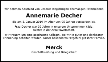 Traueranzeige von Annemarie Decher von vrm-trauer