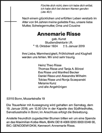 Traueranzeige von Annemarie Risse von vrm-trauer
