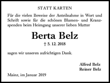 Traueranzeige von Berta Belz von vrm-trauer
