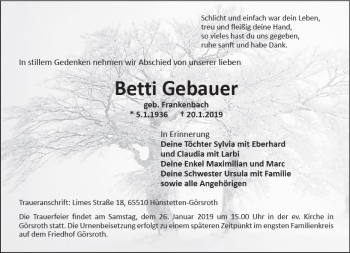 Traueranzeige von Betti Gebauer von vrm-trauer