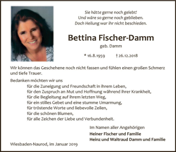 Traueranzeige von Bettina Fischer-Damm von vrm-trauer