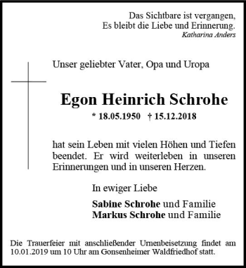 Traueranzeige von Egon Heinrich Schrohe von vrm-trauer