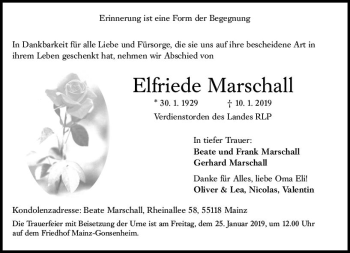 Traueranzeige von Elfriede Marschall von vrm-trauer