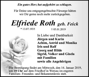 Traueranzeige von Elfriede Roth von vrm-trauer