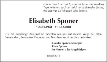 Traueranzeige von Elisabeth Sponer von vrm-trauer