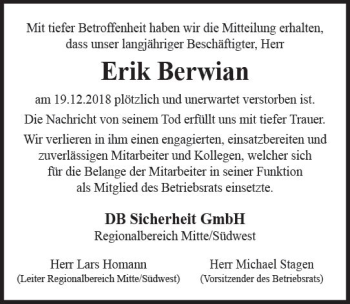Traueranzeige von Erik Berwian von vrm-trauer