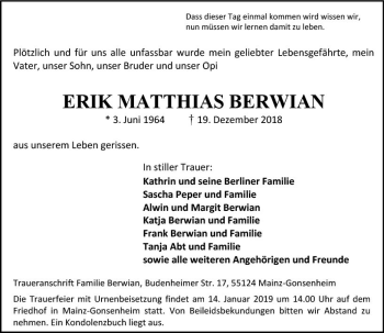 Traueranzeige von Erik Matthias Berwian von vrm-trauer