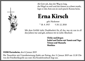 Traueranzeige von Erna Kirsch von vrm-trauer