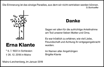 Traueranzeige von Erna Klante von vrm-trauer
