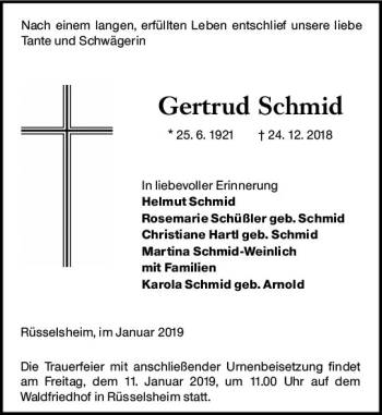 Traueranzeige von Gertrud Schmid von vrm-trauer