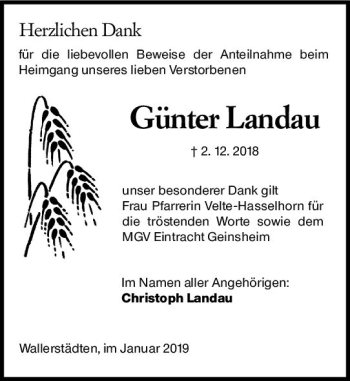 Traueranzeige von Günter Landau von vrm-trauer