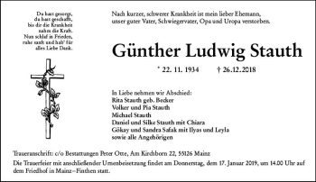 Traueranzeige von Günther Ludwig Stauth von vrm-trauer