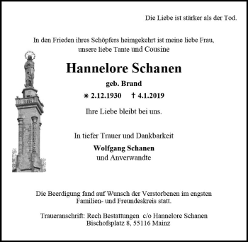 Traueranzeige von Hannelore Schanen von vrm-trauer