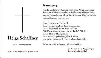 Traueranzeige von Helga Schaffner von vrm-trauer